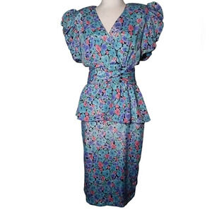 Vintage 80's Multicolor Floral Puff Sleeve Peplum Surplice Top Dress Size 5/6